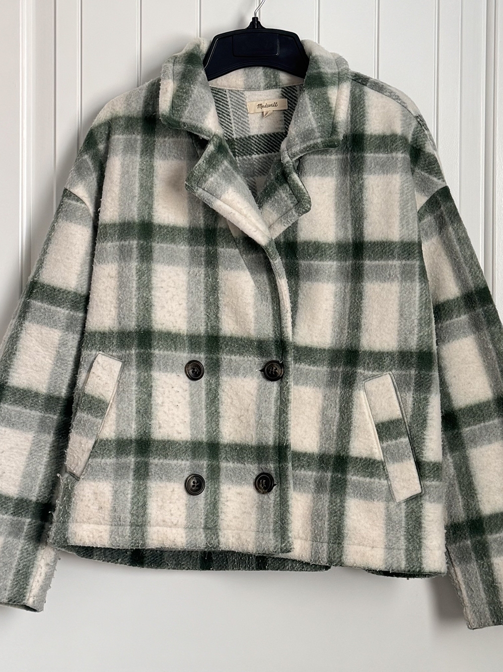 Madewell Green & White Plaid Wool Blend Peacoat